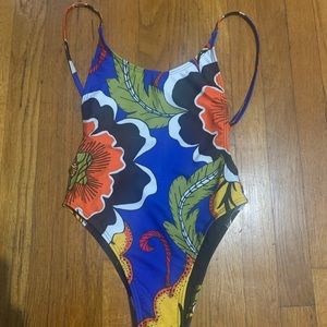 Blue Floral One-Piece Swimsuit with Orange & Yellow Accents